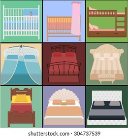 Vector bed set. Collection different types of beds. Vector illustration