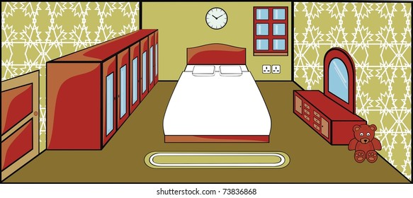 VECTOR - Bedroom with Furniture - Interior Design - Double Bed, Cabinet Mirror, Cupboard , Door, Window, Carpet and Clock