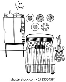 vector bedroom interior: big bed with ornate pillows and cupboard with flowers in the vases
