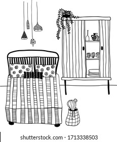 vector bedroom interior with big bed and wooden cupboard with cactus and mahy lamps