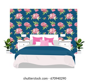 vector bedroom interior design illustration. romantic bedroom furniture. shabby chic style. 