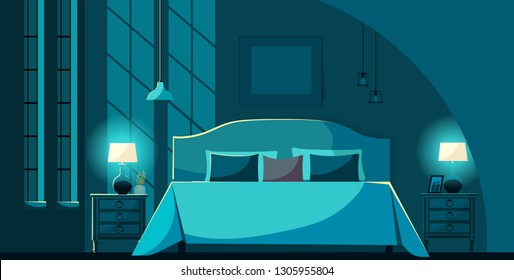 Vector bedroom interior at night with furniture, bed with many pillows in moonlight. Bedroom interior nightstands, lighting lamps and windows. Flat cartoon style vector illustration.