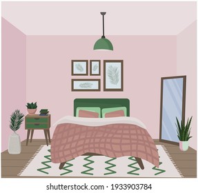 Vector bedroom interior in pink and green colors. Cartoon interior. A cozy room with a mirror, paintings, a bed, a nightstand, flowers in pots and vases, a carpet in the Scandinavian style.