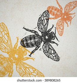 Vector Bee In Abstract Composition. Linocut Honeybee In Flight In Different Colors On Old Paper