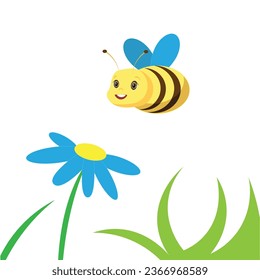 Vector bee. Cute baby character. Bee is flying to the flower. Flat illustration. Suitable for animation, using in web, apps, books, education projects. No transparency, solid colors only. 