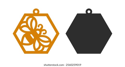 Vector bee design for earrings, pendant or keychain with hexagon shape. Jewelry silhouette laser cut template. Cnc cutting with metal, wood or leather