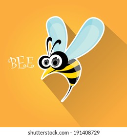 vector bee flat icon. cartoon cute bright baby bee on stylish orange honey background. vector illustration.