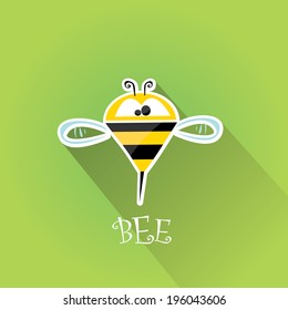 vector bee flat icon. cartoon cute bright baby bee on stylish green field background. vector illustration.