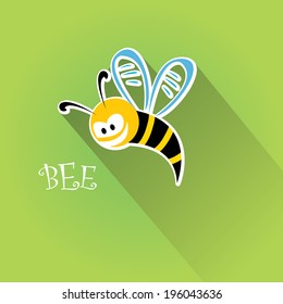 vector bee flat icon. cartoon cute bright baby bee on stylish green field background. vector illustration.