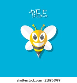 vector bee flat icon. cartoon cute bright baby bee on stylish blue background. vector illustration. cut paper bee