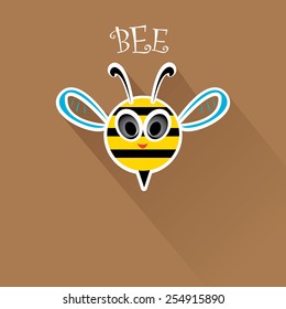 vector bee flat icon. cartoon cute bright baby bee on stylish brown background. vector illustration.