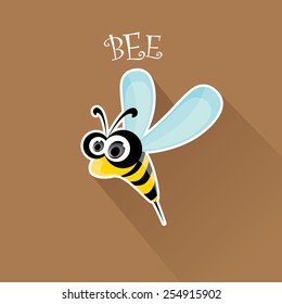 vector bee flat icon. cartoon cute bright baby bee on stylish brown background. vector illustration.