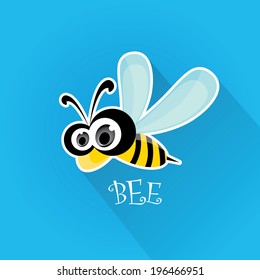 vector bee flat icon with long shadow. cartoon cute bright baby bee on stylish blue summer sky  background. vector illustration.