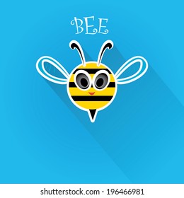 vector bee flat icon with long shadow. cartoon cute bright baby bee on stylish blue summer sky  background. vector illustration.