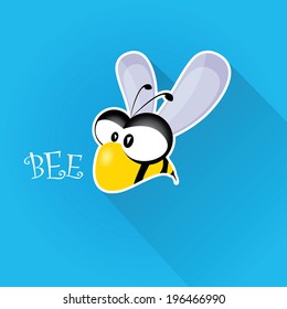 vector bee flat icon with long shadow. cartoon cute bright baby bee on stylish blue summer sky  background. vector illustration.