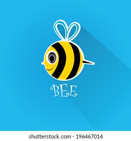 vector bee flat icon with long shadow. cartoon cute bright baby bee on stylish blue summer sky  background. vector illustration.