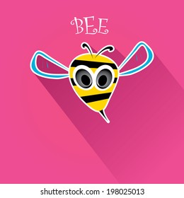 vector bee flat icon with long shadow. cartoon cute bright baby bee on stylish pink summer background. vector illustration.