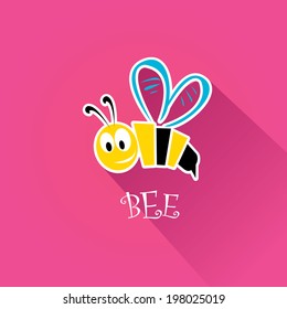 vector bee flat icon with long shadow. cartoon cute bright baby bee on stylish pink summer background. vector illustration.