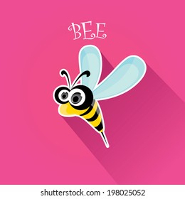 vector bee flat icon with long shadow. cartoon cute bright baby bee on stylish pink summer background. vector illustration.