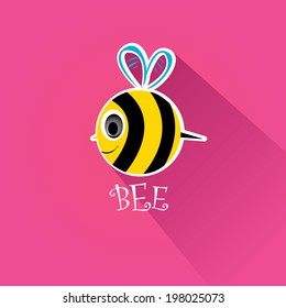 vector bee flat icon with long shadow. cartoon cute bright baby bee on stylish pink summer background. vector illustration.