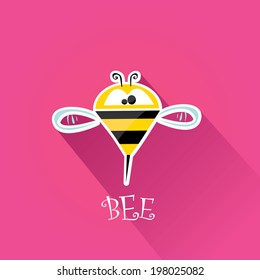 vector bee flat icon with long shadow. cartoon cute bright baby bee on stylish pink summer background. vector illustration.