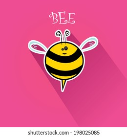 vector bee flat icon with long shadow. cartoon cute bright baby bee on stylish pink summer background. vector illustration.