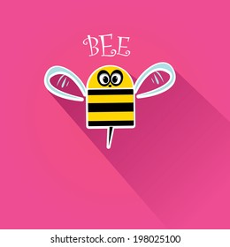vector bee flat icon with long shadow. cartoon cute bright baby bee on stylish pink summer background. vector illustration.