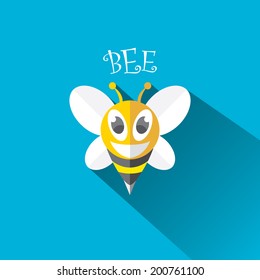 vector bee flat icon with long shadow. cartoon cute bright baby bee on stylish blue summer sky background. vector illustration. cut paper bee