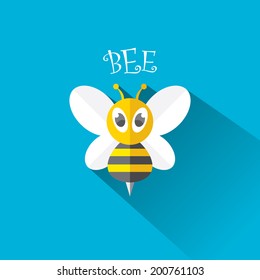 vector bee flat icon with long shadow. cartoon cute bright baby bee on stylish blue summer sky background. vector illustration. cut paper bee