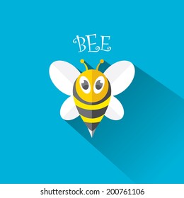 vector bee flat icon with long shadow. cartoon cute bright baby bee on stylish blue summer sky background. vector illustration. cut paper bee