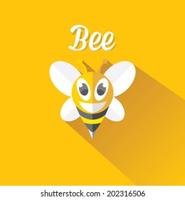 vector bee flat icon with long shadow. cartoon cute bright baby bee on stylish orange honey summer background. vector illustration. cut paper bee