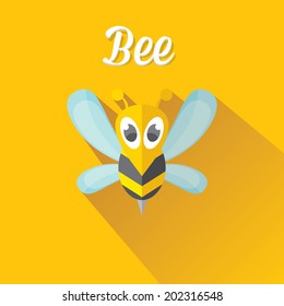 vector bee flat icon with long shadow. cartoon cute bright baby bee on stylish orange honey summer background. vector illustration. cut paper bee