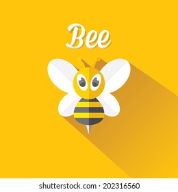 vector bee flat icon with long shadow. cartoon cute bright baby bee on stylish orange honey summer background. vector illustration. cut paper bee