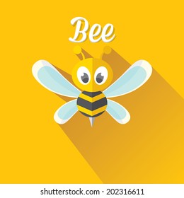 vector bee flat icon with long shadow. cartoon cute bright baby bee on stylish orange honey summer background. vector illustration. cut paper bee