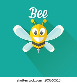 vector bee flat icon with long shadow. cartoon cute bright baby bee on stylish turquoise honey summer background. vector illustration. cut paper bee