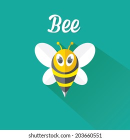 vector bee flat icon with long shadow. cartoon cute bright baby bee on stylish turquoise honey summer background. vector illustration. cut paper bee