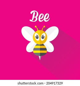 vector bee flat icon with long shadow. cartoon cute bright baby bee on stylish pink summer background. vector illustration. cut paper bee