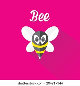 vector bee flat icon with long shadow. cartoon cute bright baby bee on stylish pink summer background. vector illustration. cut paper bee