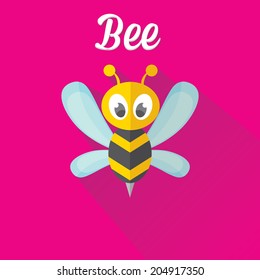 vector bee flat icon with long shadow. cartoon cute bright baby bee on stylish pink summer background. vector illustration. cut paper bee