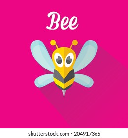 vector bee flat icon with long shadow. cartoon cute bright baby bee on stylish pink summer background. vector illustration. cut paper bee