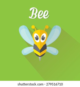 vector bee flat icon with long shadow. cartoon cute bright baby bee on stylish green summer background. vector illustration. cut paper bee