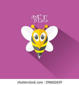 vector bee flat icon with long shadow. cartoon cute bright baby bee on stylish violet summer background. vector illustration. cut paper bee