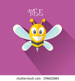 vector bee flat icon with long shadow. cartoon cute bright baby bee on stylish violet summer background. vector illustration. cut paper bee