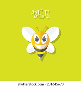 vector bee flat icon with shadow. cartoon cute bright baby bee on stylish green summer background. vector illustration. cut paper bee