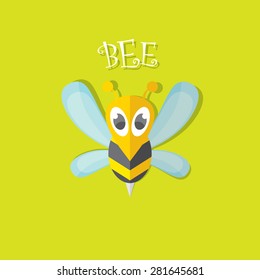 vector bee flat icon with shadow. cartoon cute bright baby bee on stylish green summer background. vector illustration. cut paper bee