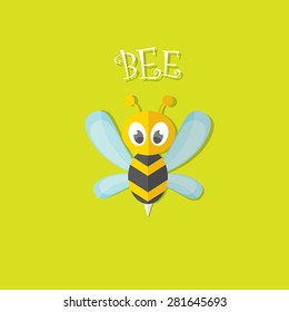 vector bee flat icon with shadow. cartoon cute bright baby bee on stylish green summer background. vector illustration. cut paper bee