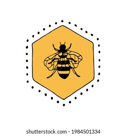 Abeja vectora con panal de miel. Ilustración lineal a mano con un punto brillante es perfecta para el diseño de miel, identidad de marca de apicultor, logotipo floral, icono, etiqueta, tarjeta, afiche