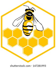 Vector bee and honeycombs, vector illustration of bee, icon.