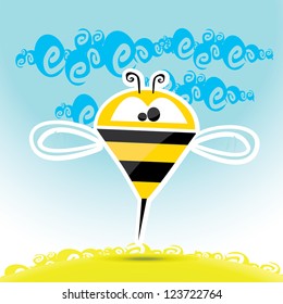 vector bee icon. cartoon cute bright baby bee fly in blue sky . vector illustration. spring / summer landscape with green grass and clear sky