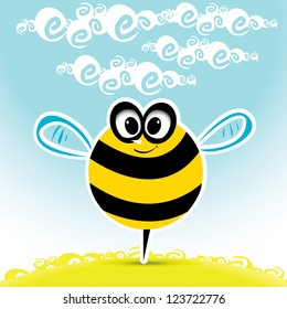 vector bee icon. cartoon cute bright baby bee fly in blue sky . vector illustration. spring / summer landscape with green grass and clear sky